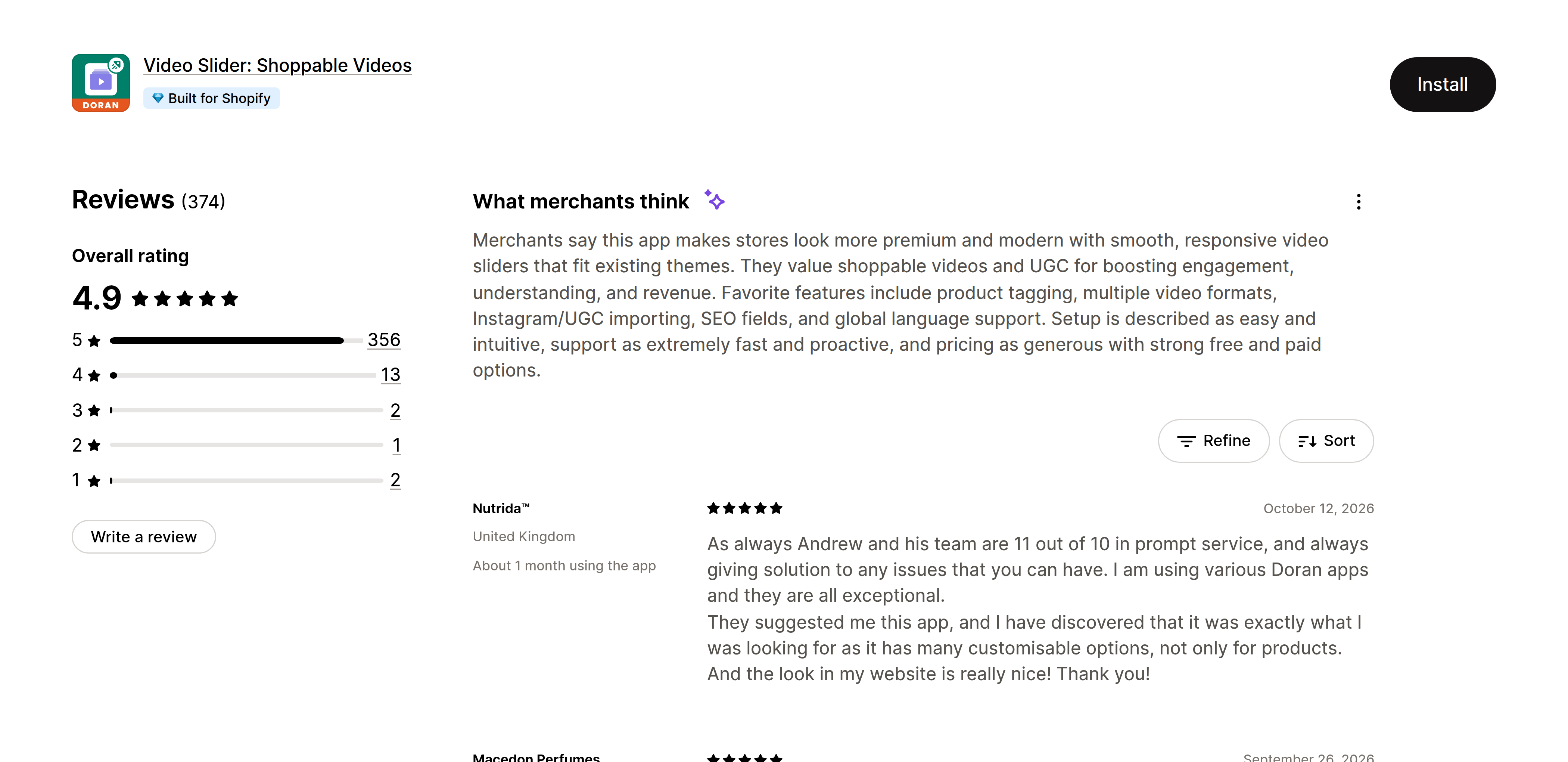 Shopify merchant reviews of Doran praising fast support (Doran)