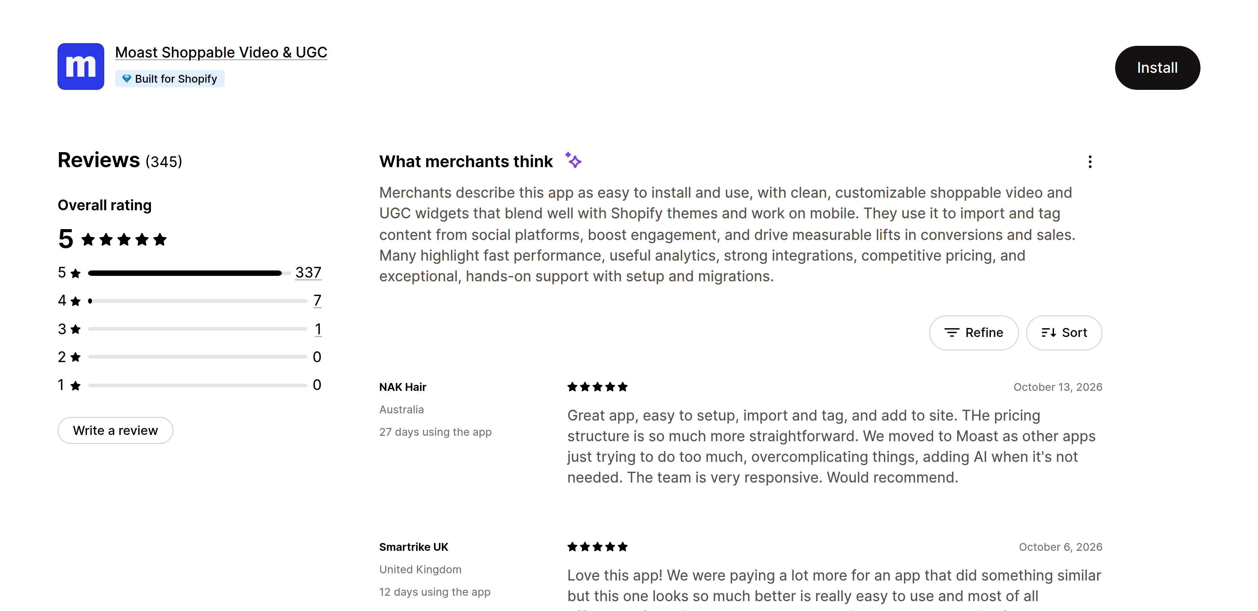 Shopify merchant reviews of Doran praising fast support (Moast)