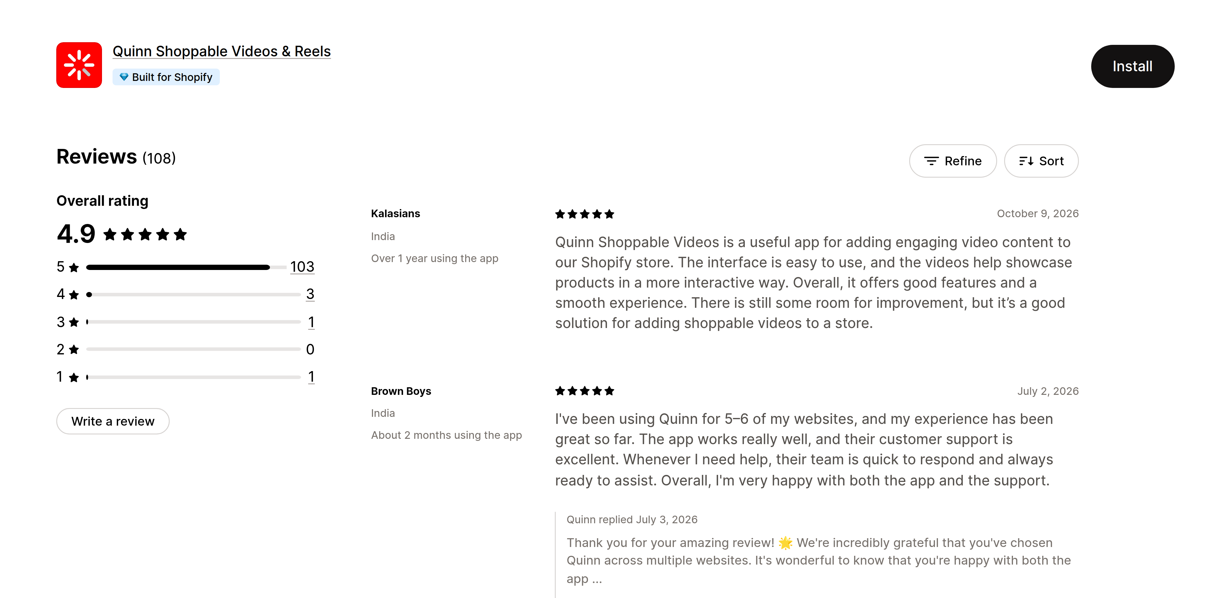 Merchant reviews of Doran and Quinn on the Shopify App Store (Quinn)