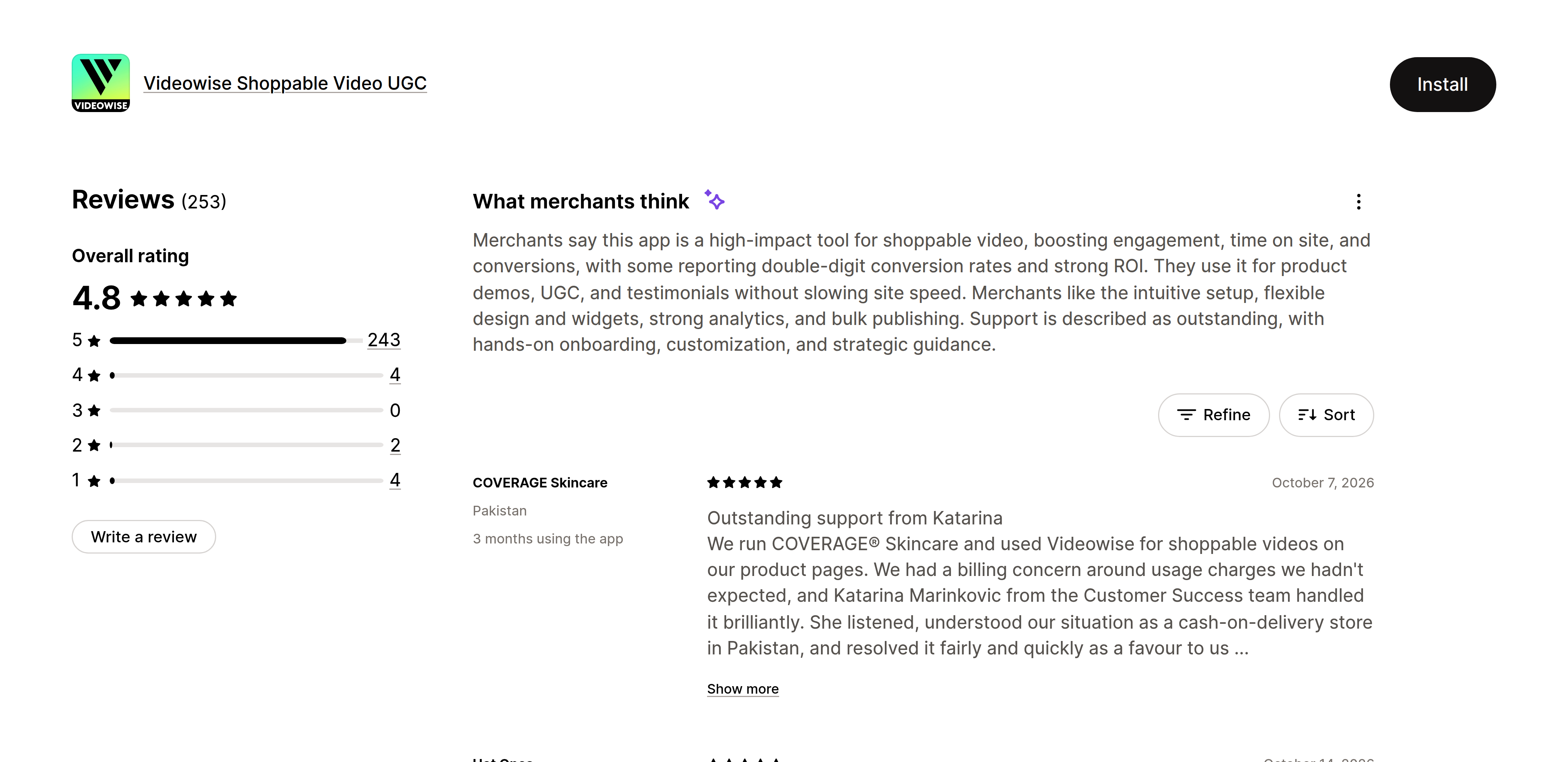 Shopify merchant reviews of Doran Shoppable Videos praising fast, personal support (Videowise)